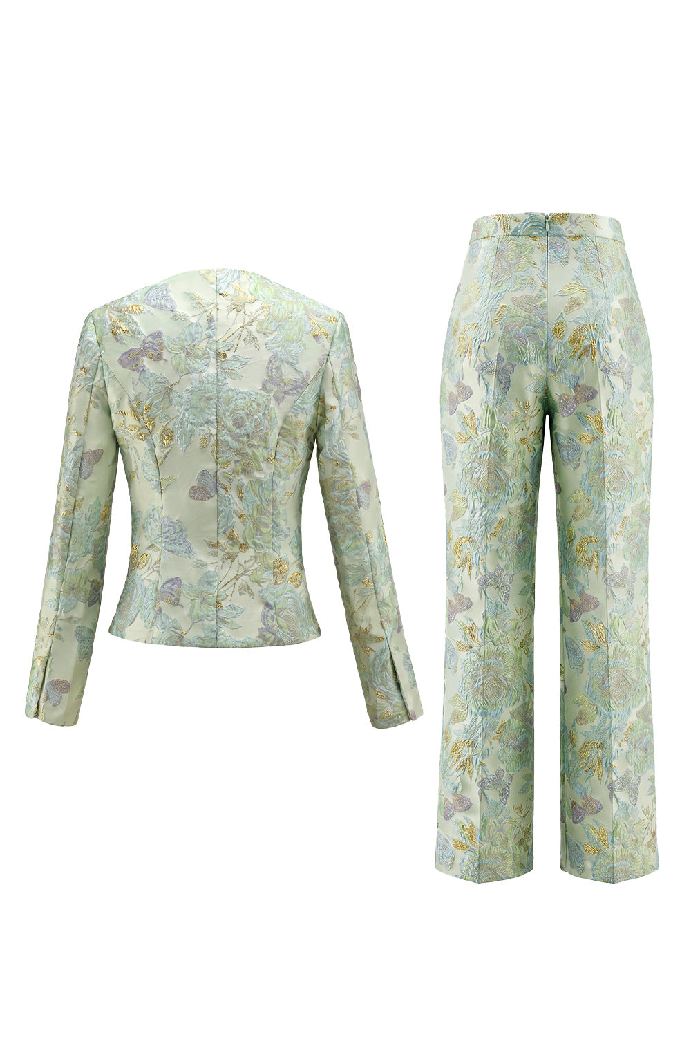 2 Piece Green Flower Round Neck Single Breasted Women Suits with Pockets