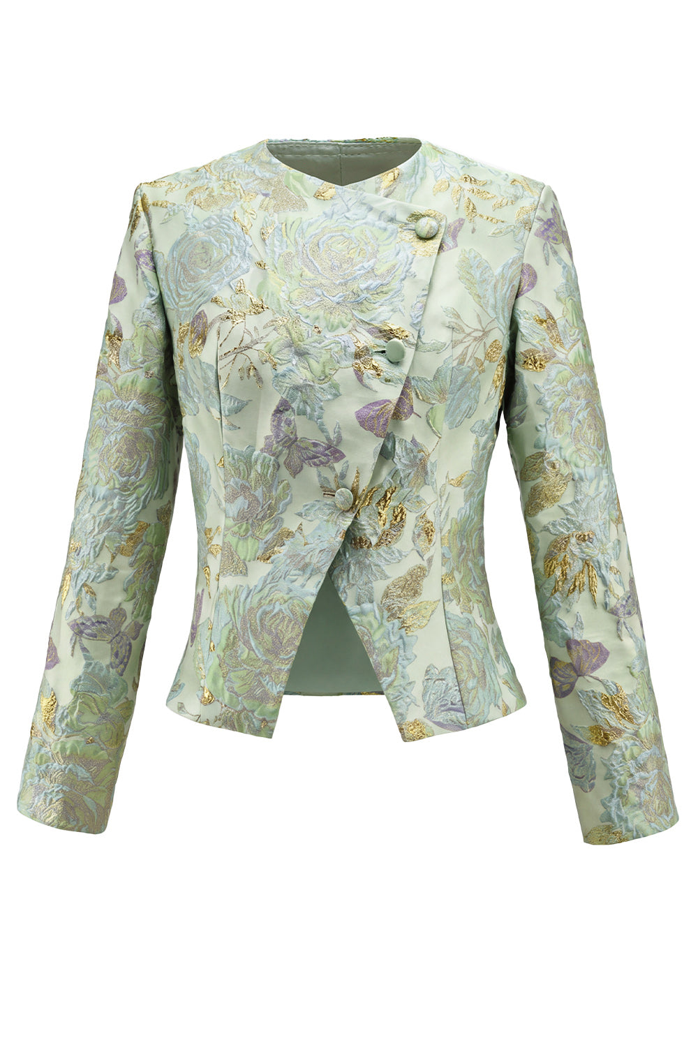 2 Piece Green Flower Round Neck Single Breasted Women Suits with Pockets