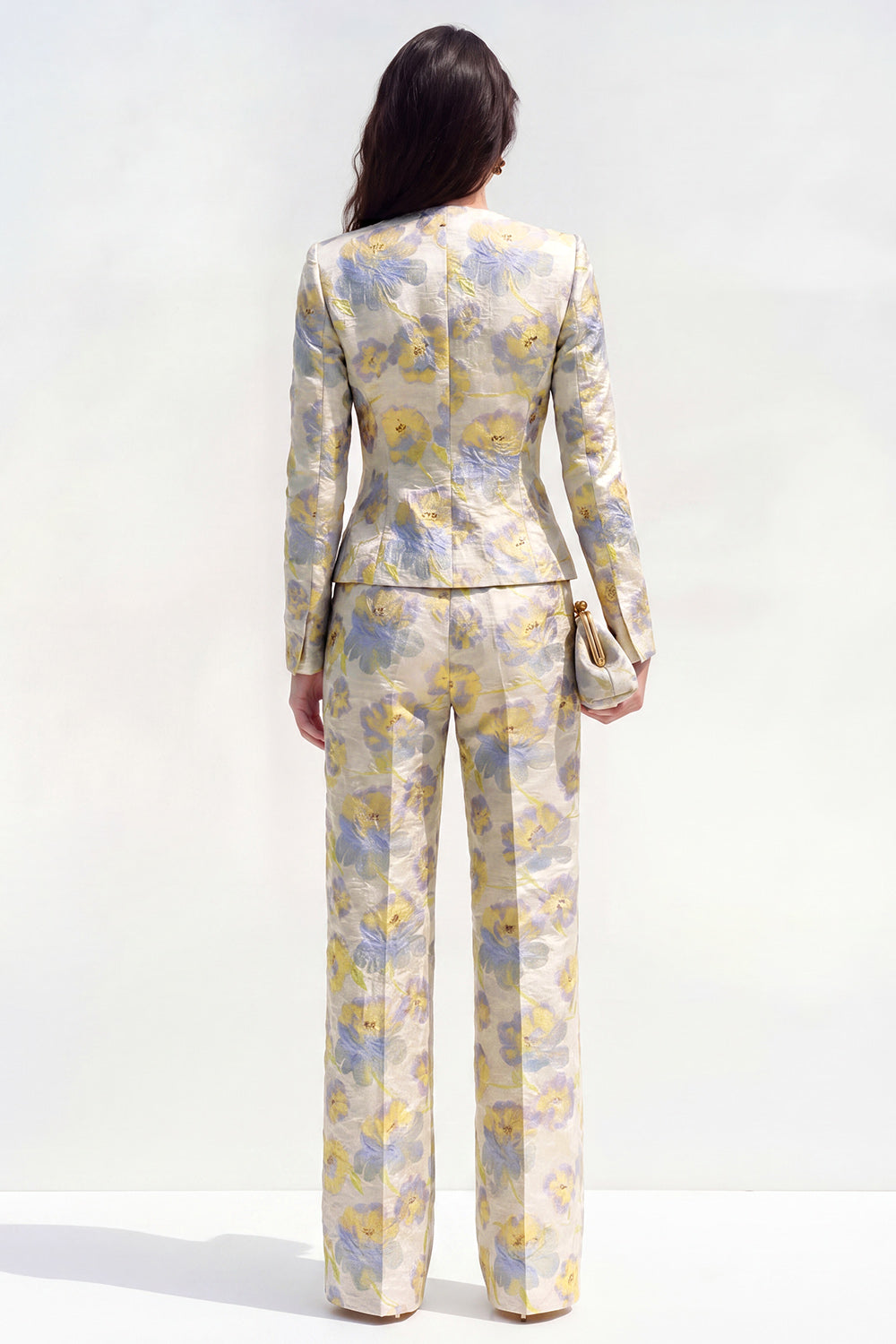 2 Piece Yellow Flower Round Neck Single Breasted Business Suits with Pockets