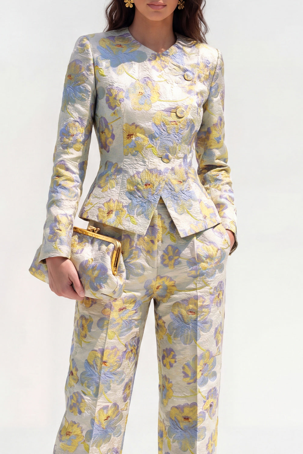 2 Piece Yellow Flower Round Neck Single Breasted Business Suits with Pockets