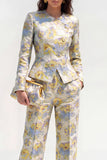 2 Piece Yellow Flower Round Neck Single Breasted Business Suits with Pockets