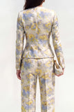 2 Piece Yellow Flower Round Neck Single Breasted Business Suits with Pockets