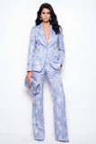2 Piece Blue Floral Notched Lapel Single Breasted Business Suits with Pockets