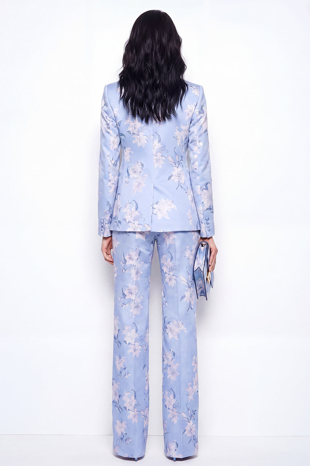 2 Piece Blue Floral Notched Lapel Single Breasted Business Suits with Pockets