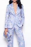2 Piece Blue Floral Notched Lapel Single Breasted Business Suits with Pockets