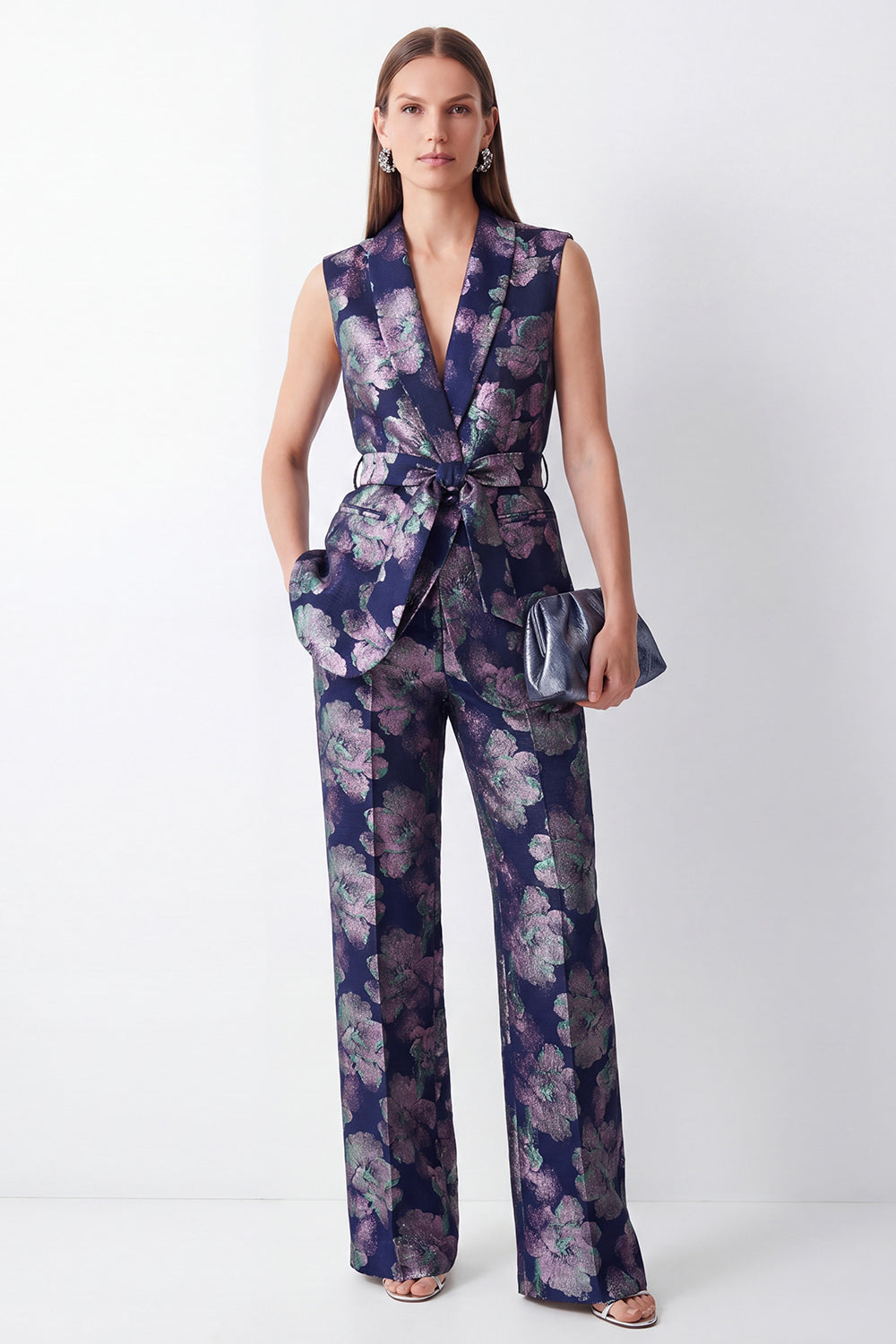 2 Piece Navy Floral Shawl Lapel Business Suits with Pockets