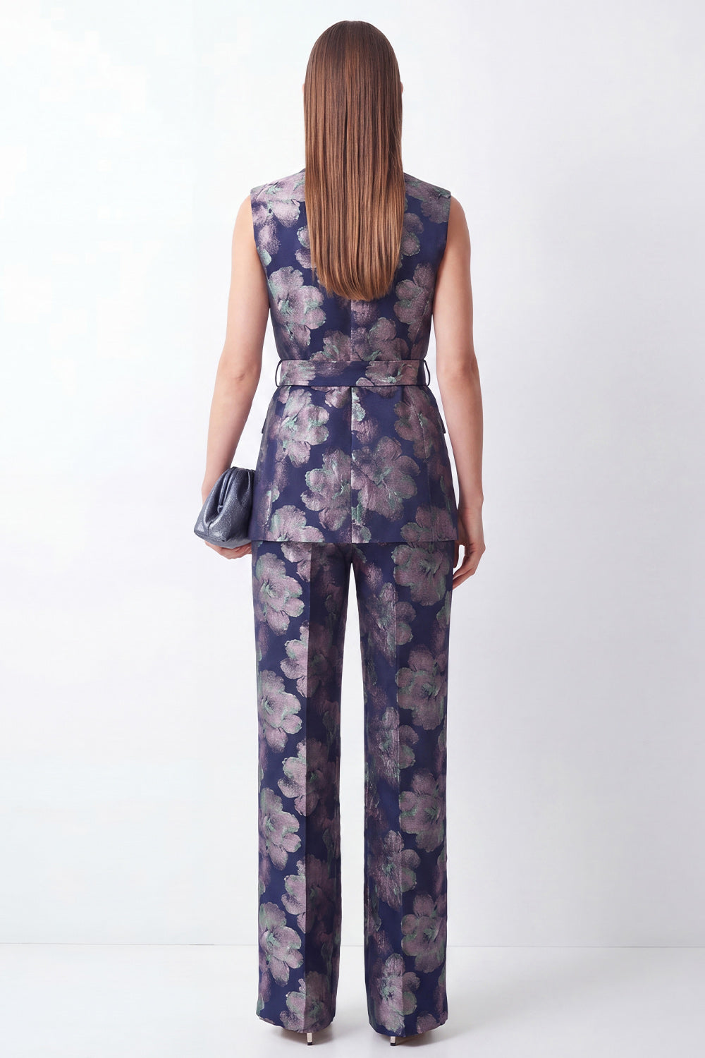 2 Piece Navy Floral Shawl Lapel Business Suits with Pockets
