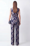 2 Piece Navy Floral Shawl Lapel Business Suits with Pockets