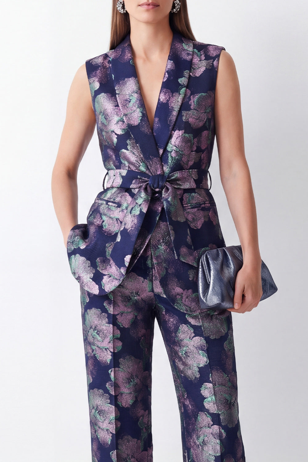 2 Piece Navy Floral Shawl Lapel Business Suits with Pockets