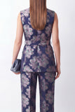 2 Piece Navy Floral Shawl Lapel Business Suits with Pockets