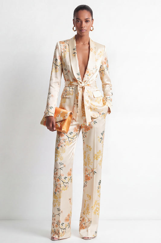 2 Piece Champagne Floral Shawl Lapel Women Suits with Pockets