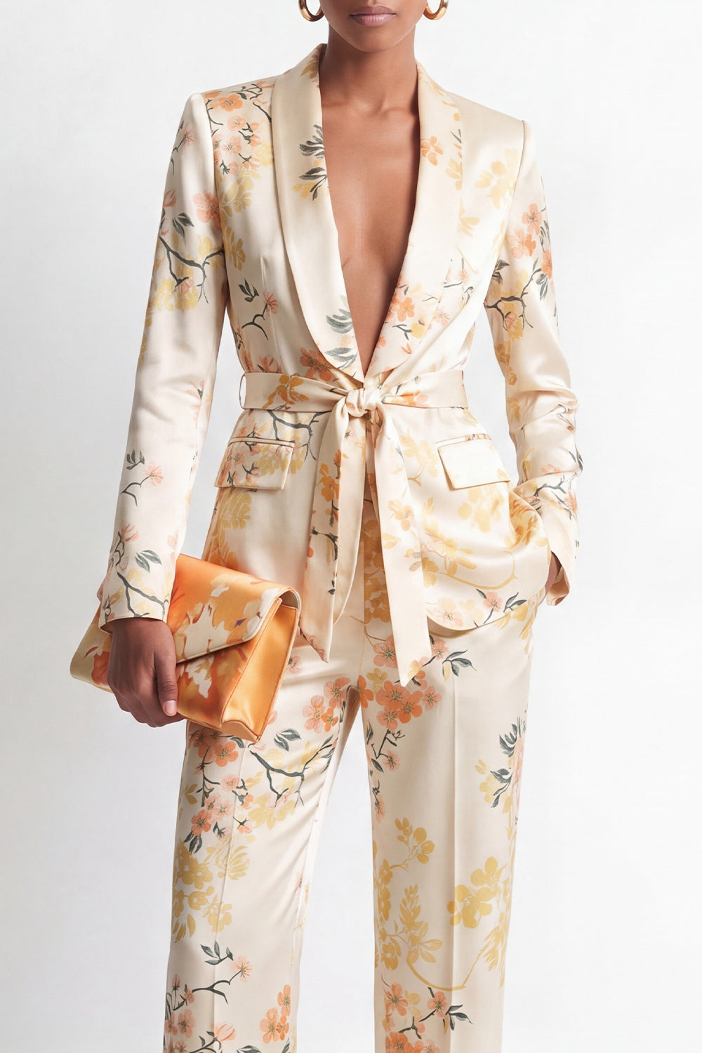 2 Piece Champagne Floral Shawl Lapel Business Suits with Pockets