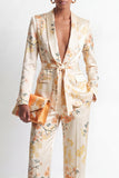2 Piece Champagne Floral Shawl Lapel Business Suits with Pockets
