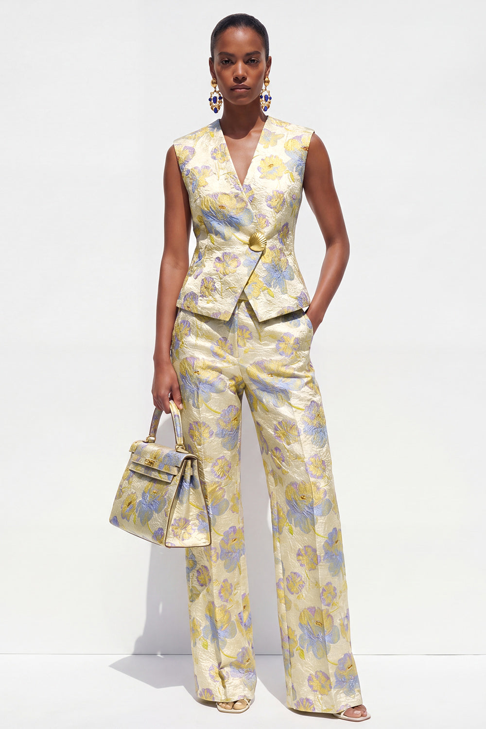 2 Piece Yellow Flower V-Neck Single Breasted Business Suits with Pockets