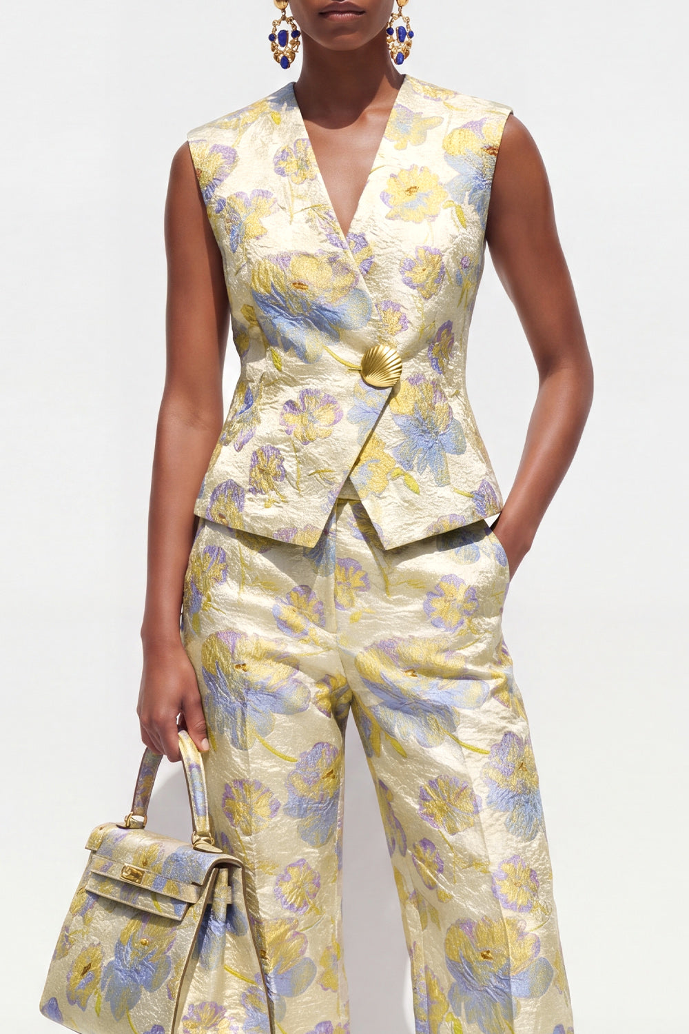 2 Piece Yellow Flower V-Neck Single Breasted Business Suits with Pockets