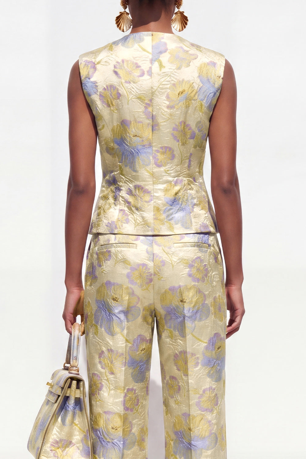 2 Piece Yellow Flower V-Neck Single Breasted Business Suits with Pockets