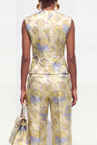 2 Piece Yellow Flower V-Neck Single Breasted Business Suits with Pockets