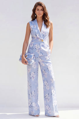 2 Piece Blue Floral Shawl Lapel Single Breasted Business Suits with Pockets