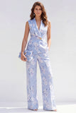 2 Piece Blue Floral Shawl Lapel Single Breasted Business Suits with Pockets