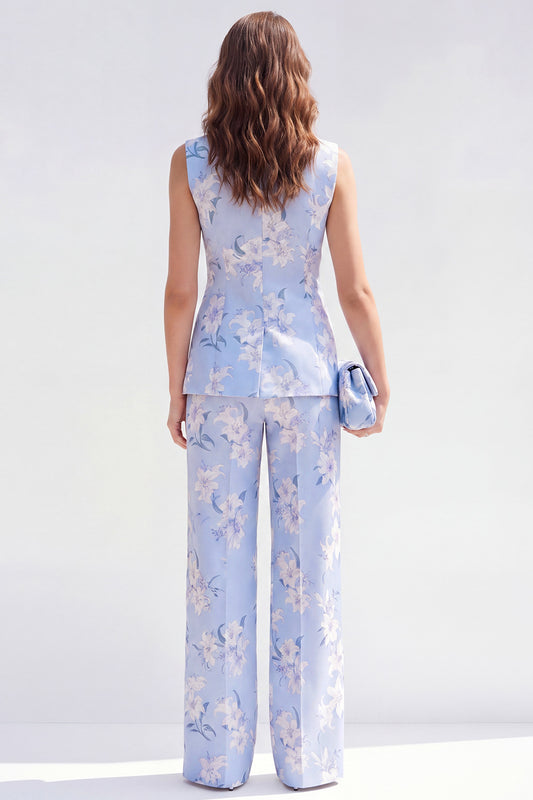 2 Piece Blue Floral Shawl Lapel Single Breasted Women Suits with Pockets
