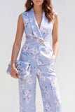 2 Piece Blue Floral Shawl Lapel Single Breasted Business Suits with Pockets