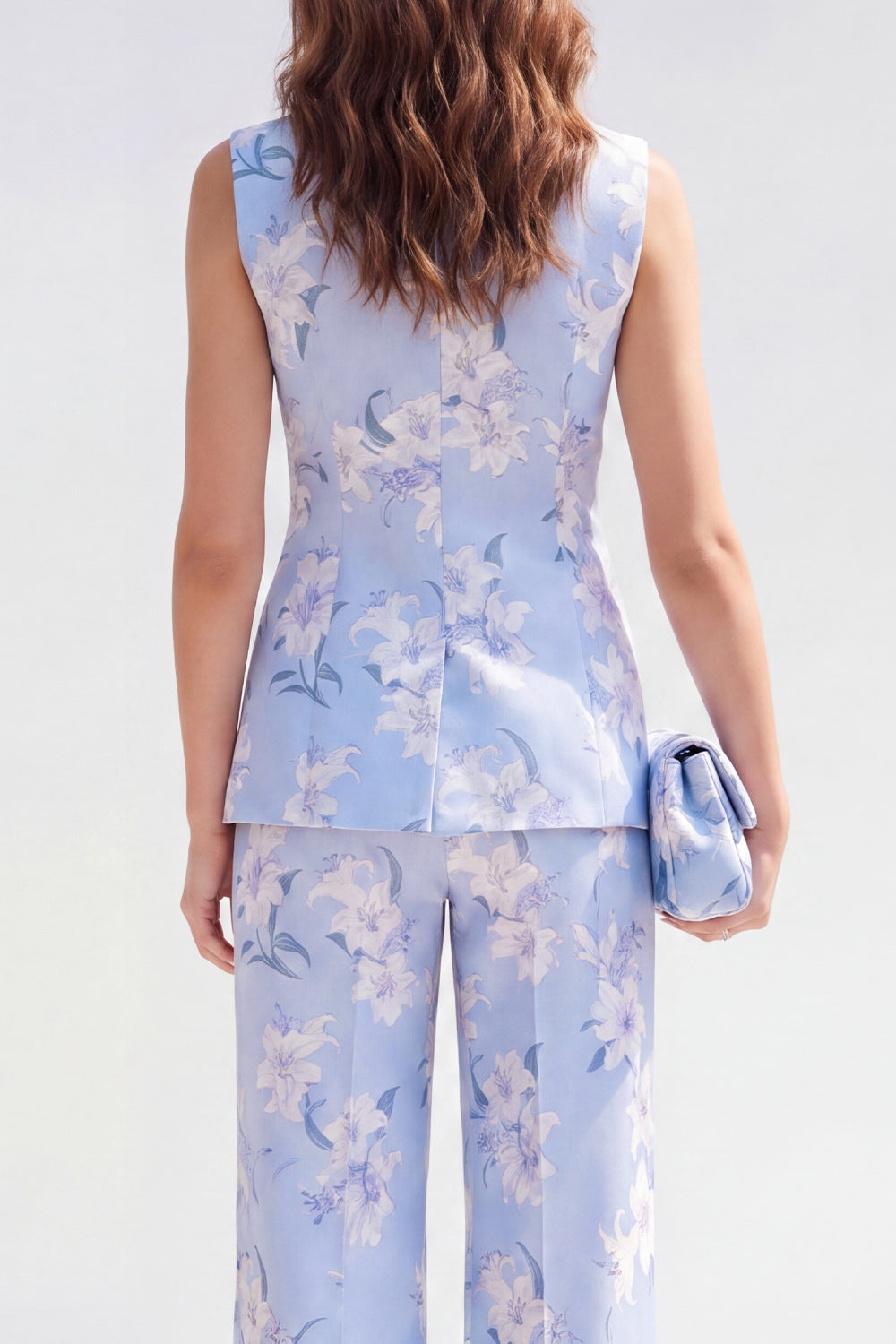 2 Piece Blue Floral Shawl Lapel Single Breasted Business Suits with Pockets
