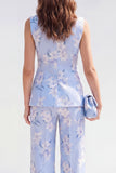 2 Piece Blue Floral Shawl Lapel Single Breasted Business Suits with Pockets
