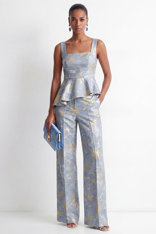Grey Blue 2 Piece Floral Square Neck Ruffled Women Suits with Pockets