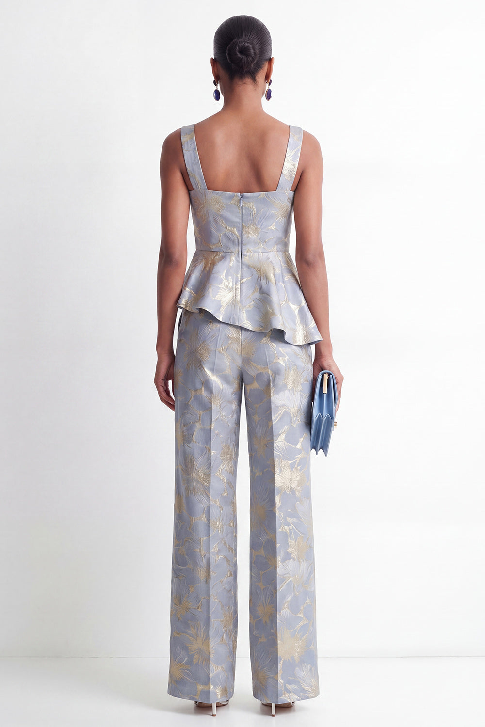 Grey Blue 2 Piece Floral Square Neck Ruffled Business Suits with Pockets