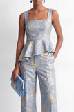 Grey Blue 2 Piece Floral Square Neck Ruffled Business Suits with Pockets