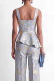 Grey Blue 2 Piece Floral Square Neck Ruffled Business Suits with Pockets