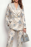 Grey Blue Flower 2 Piece Peak Lapel Business Suits with Pockets