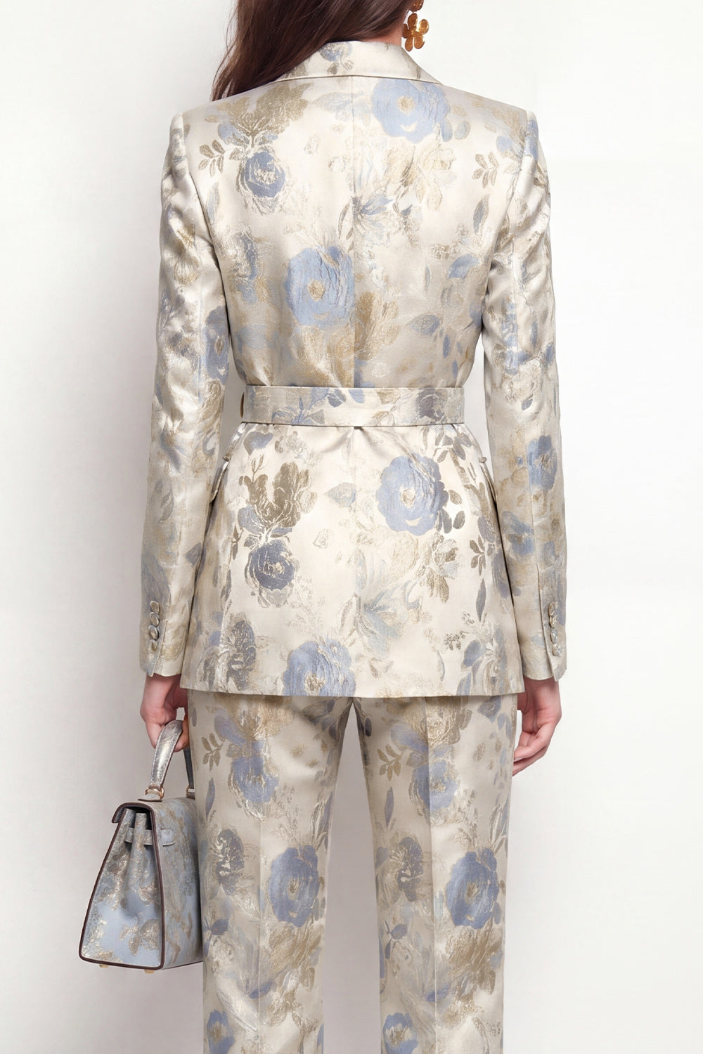 Grey Blue Flower 2 Piece Peak Lapel Business Suits with Pockets