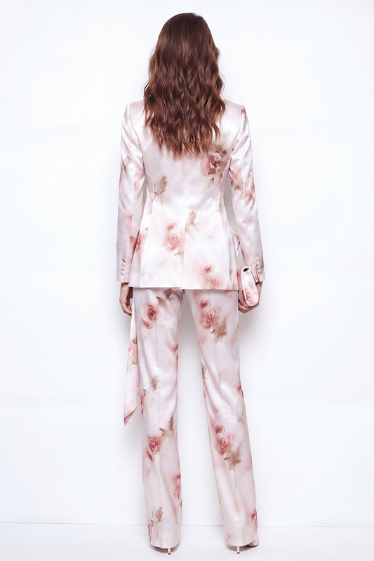 White Red Flower 2 Piece Peak Lapel Women Suits with Ruffles