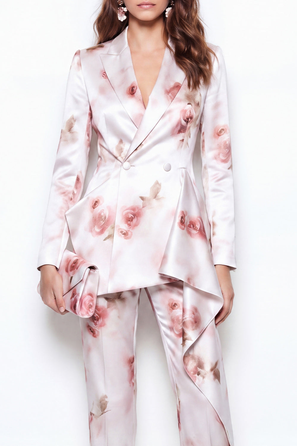 White Red Flower 2 Piece Peak Lapel Business Suits with Ruffles