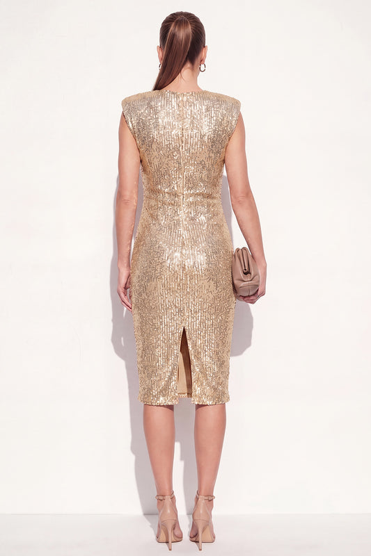 Sparkly Golden Midi Round Neck Beaded Ruched Work Dress