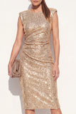 Sparkly Golden Midi Round Neck Beaded Ruched Work Dress