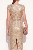 Sparkly Golden Midi Round Neck Beaded Ruched Work Dress