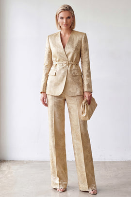 Golden Floral 2 Piece V-Neck Slim Fit Business Suits