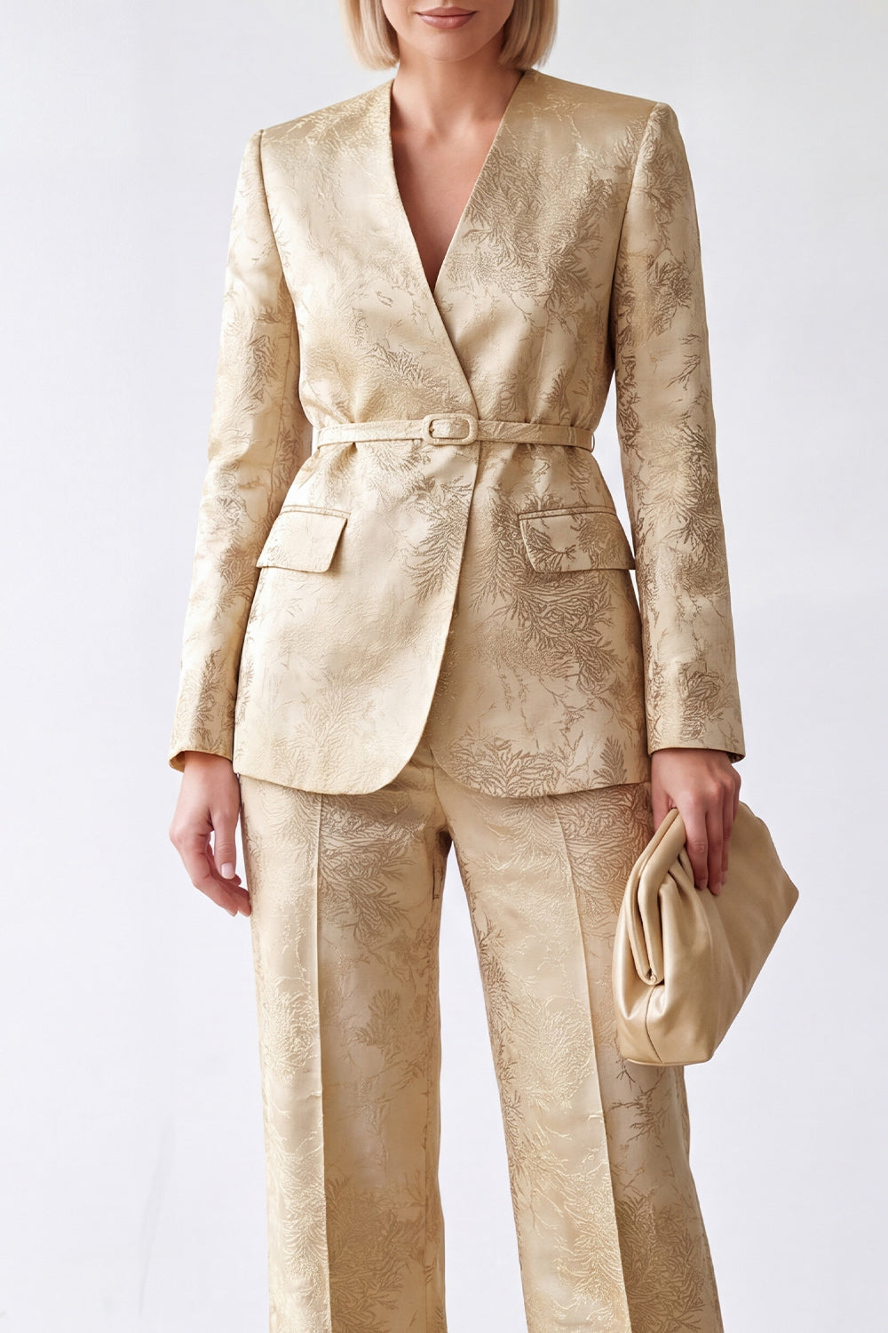 Golden Floral 2 Piece V-Neck Slim Fit Business Suits