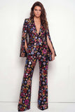 Black Floral 2 Piece Peak Lapel Single Breasted Business Suits with Pockets
