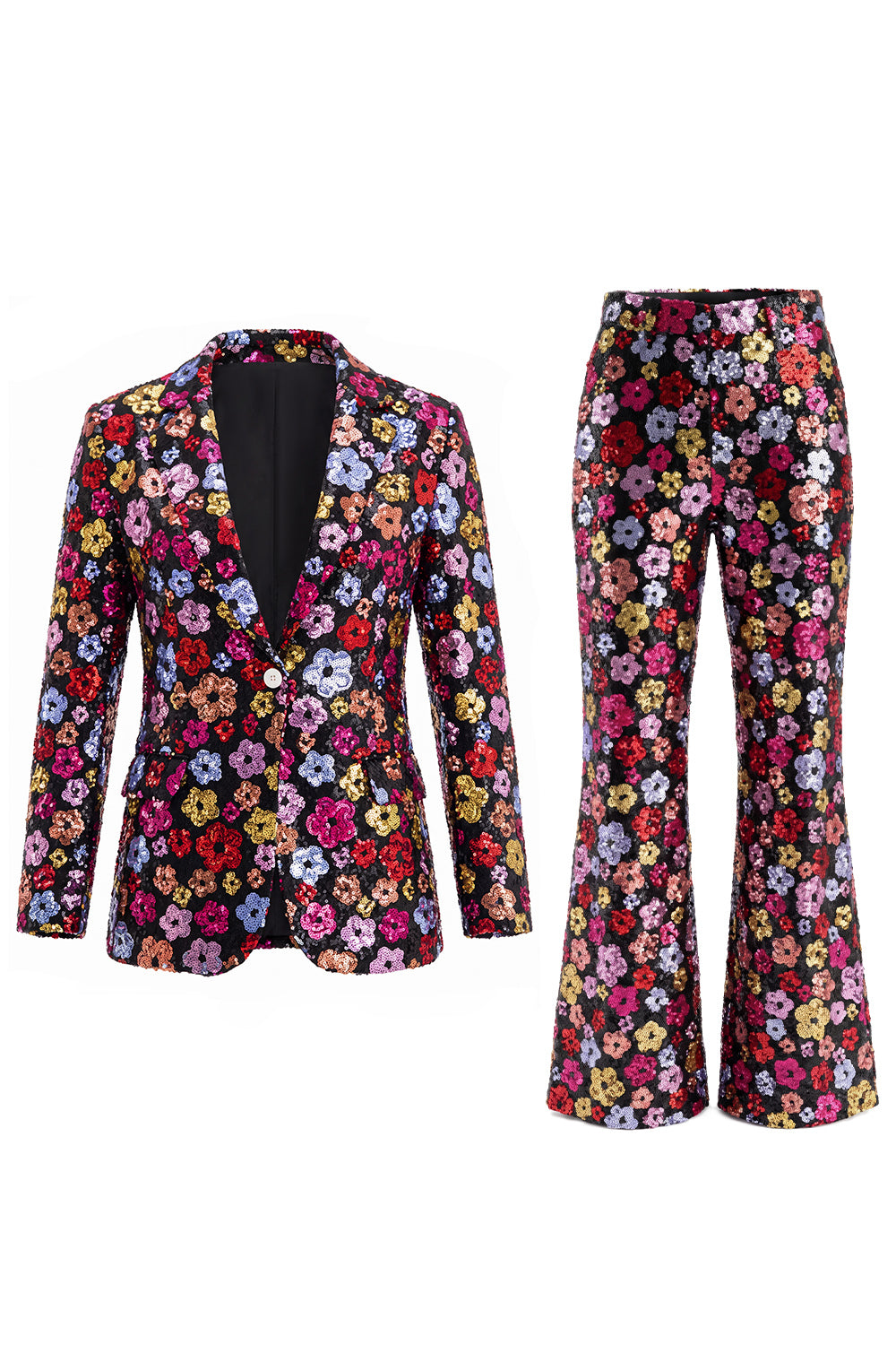 Black Floral 2 Piece Peak Lapel Single Breasted Business Suits with Pockets