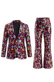 Black Floral 2 Piece Peak Lapel Single Breasted Business Suits with Pockets