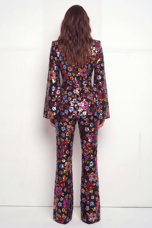 Black Floral 2 Piece Peak Lapel Single Breasted Business Suits with Pockets