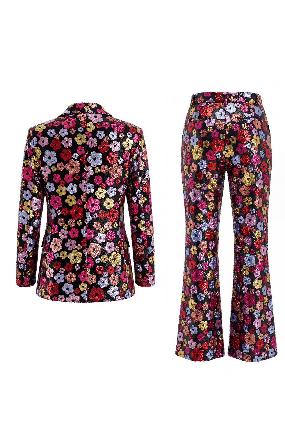 Black Floral 2 Piece Peak Lapel Single Breasted Business Suits with Pockets