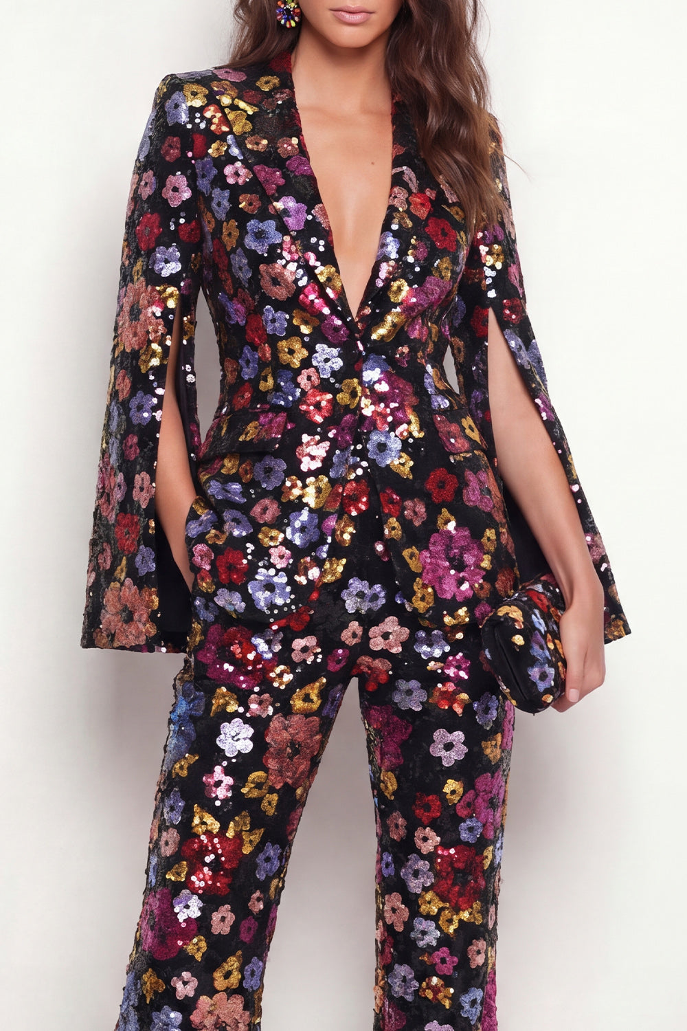 Black Floral 2 Piece Peak Lapel Single Breasted Business Suits with Pockets
