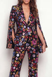 Black Floral 2 Piece Peak Lapel Single Breasted Business Suits with Pockets
