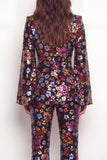 Black Floral 2 Piece Peak Lapel Single Breasted Business Suits with Pockets