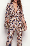 Black Floral 2 Piece Peak Lapel Single Breasted Business Suits with Pockets