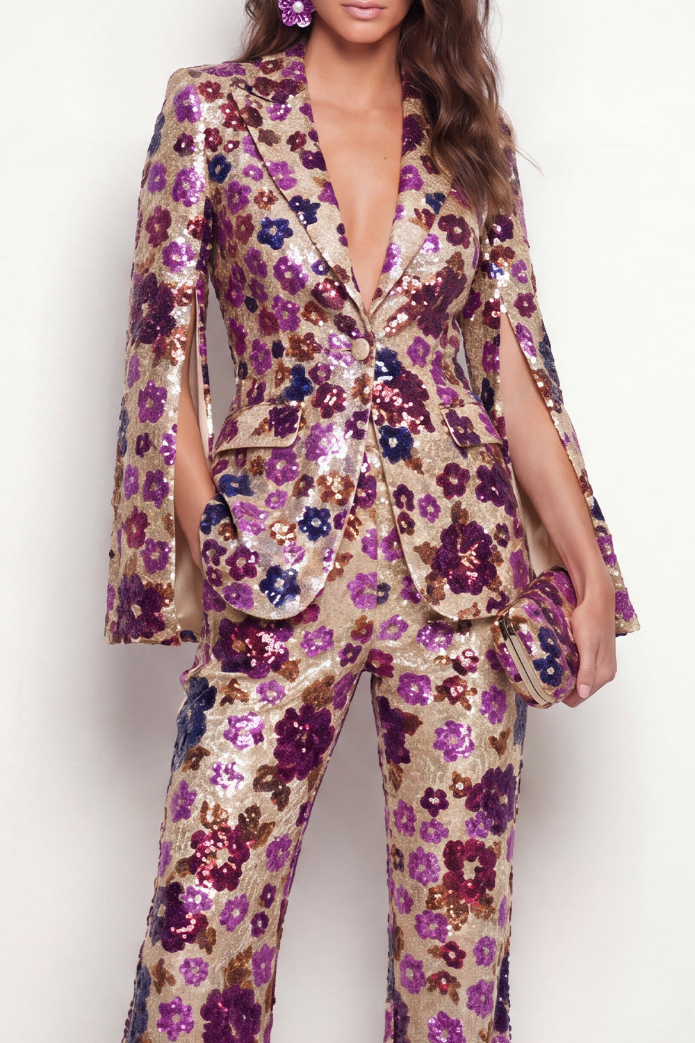 Black Floral 2 Piece Peak Lapel Single Breasted Business Suits with Pockets